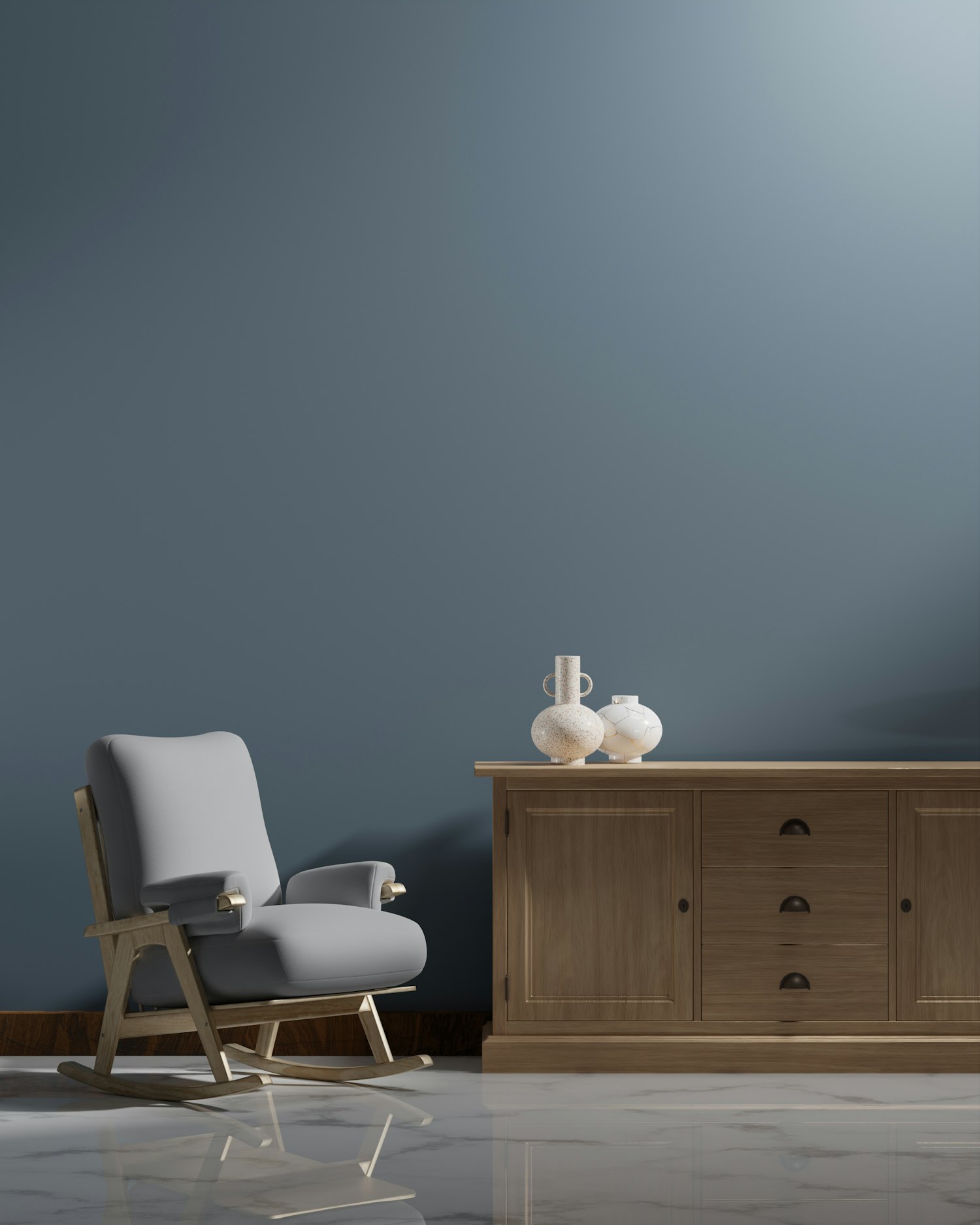 A deep blue-grey painted feature wall behind a timber sideboard